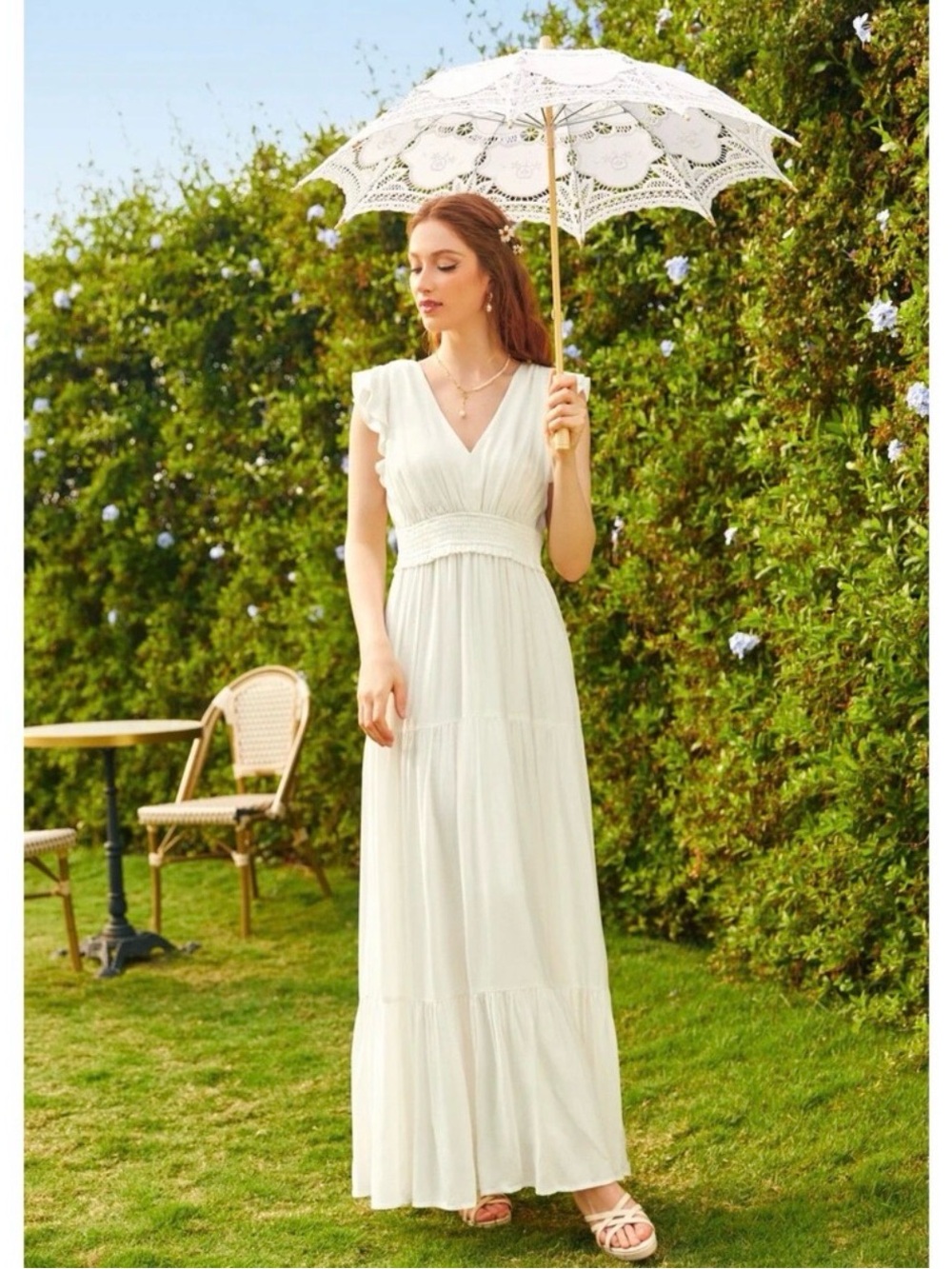 Modcloth Cream V‑Neck Smocked Maxi Dress